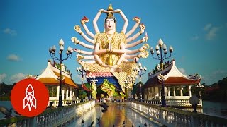 Tour This Tranquil Buddhist Island Temple of Giant Statues [upl. by Ahtanamas]