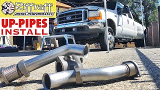 2001 F350 73  RiffRaff UpPipes Install  Stock up pipes leaking and falling apart JUNK SP [upl. by Didi120]